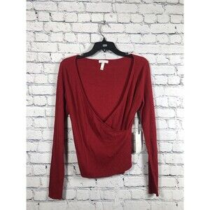 Leith Women’s Long Sleeve Deep V-Neck Red Sweater Top Size M